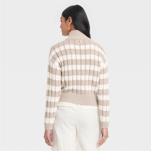 Women's Mock Turtleneck Quarter Zip Pullover Sweater - Beige/ Cream Striped S - Picture 2 of 8